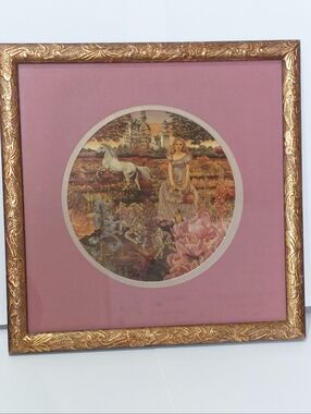 Framed Fantasy Garden Artwork with Unicorn and Maiden - Pink Mat